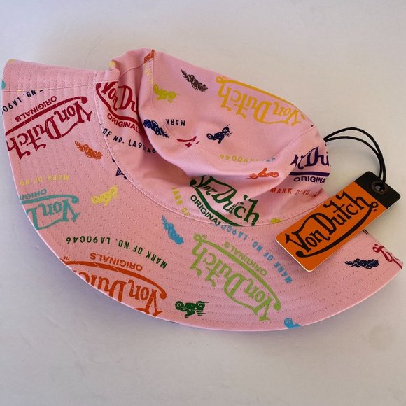 NWT VON DUTCH PINK ALL OVER LOGO PRINT BUCKET HAT - ONE SIZE